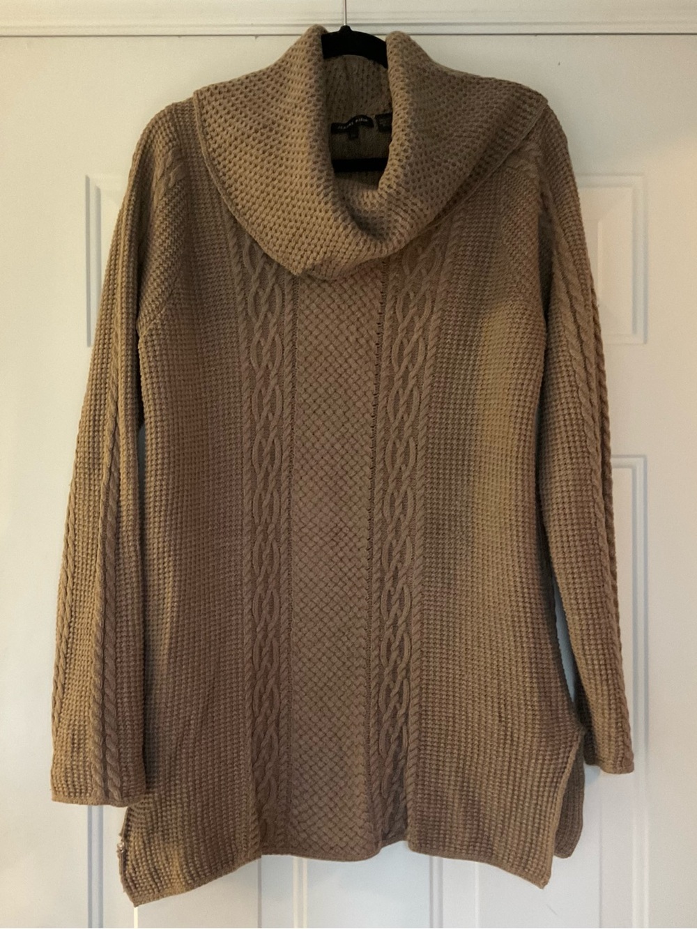 JEANNE PIERRE Taupe Cable Knit Cowl Sweater